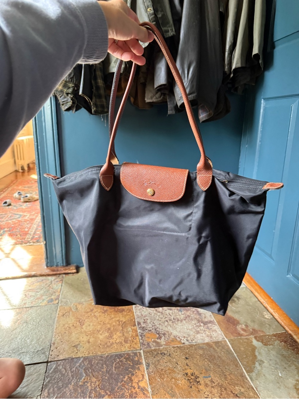 Longchamp Black Tote with Brown Leather Trim